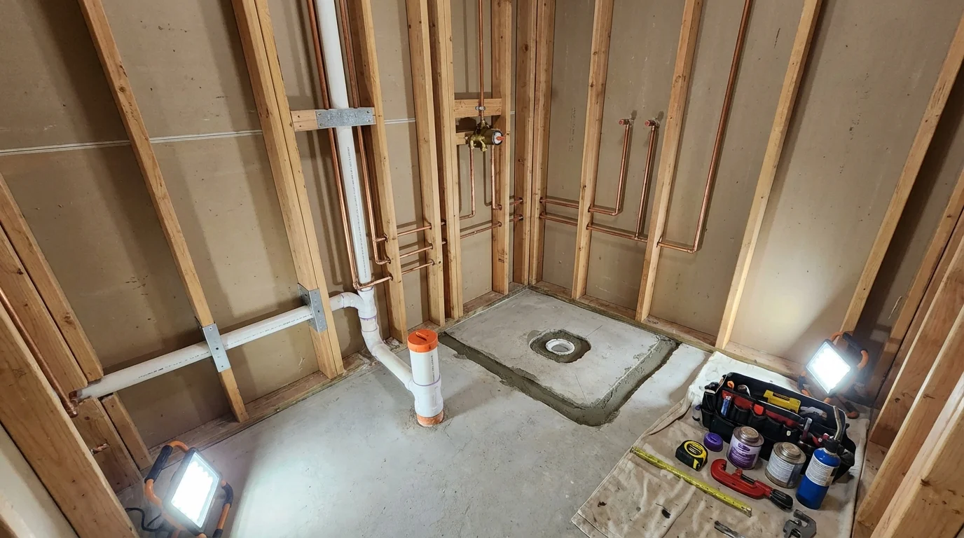 Bathroom rough-in plumbing during remodel by Johns Plumbing LLC in Eastchester