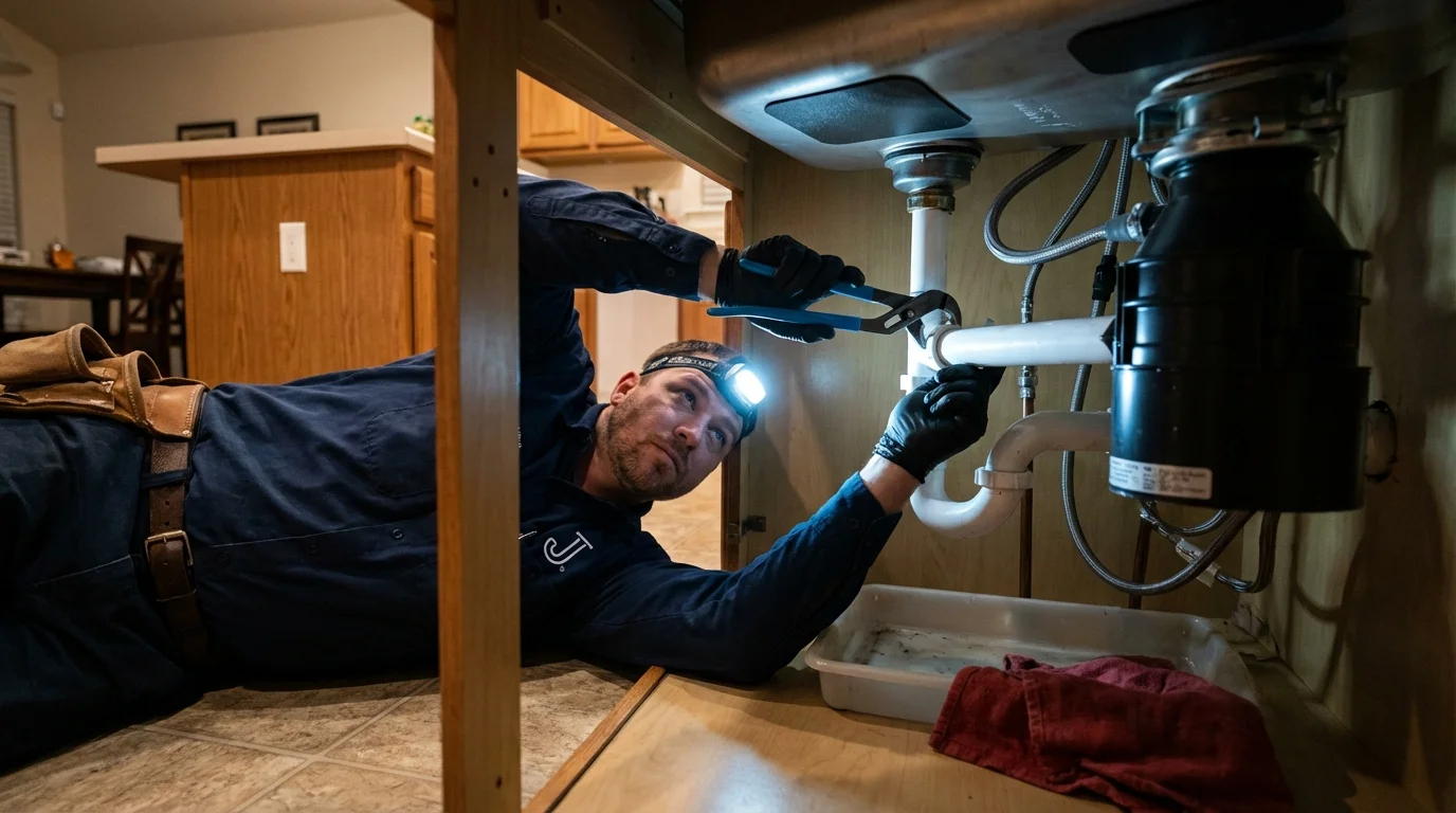 P-trap and supply line connections under a kitchen sink showing a common leak point in Eastchester, NY